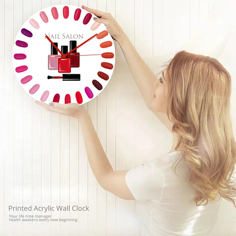 

Beauty Salon Nail Polish Palette Bottle Design Modern Acrylic Wall Hanging Clock Manicure Nails Studio Wall Art Decorative Watch