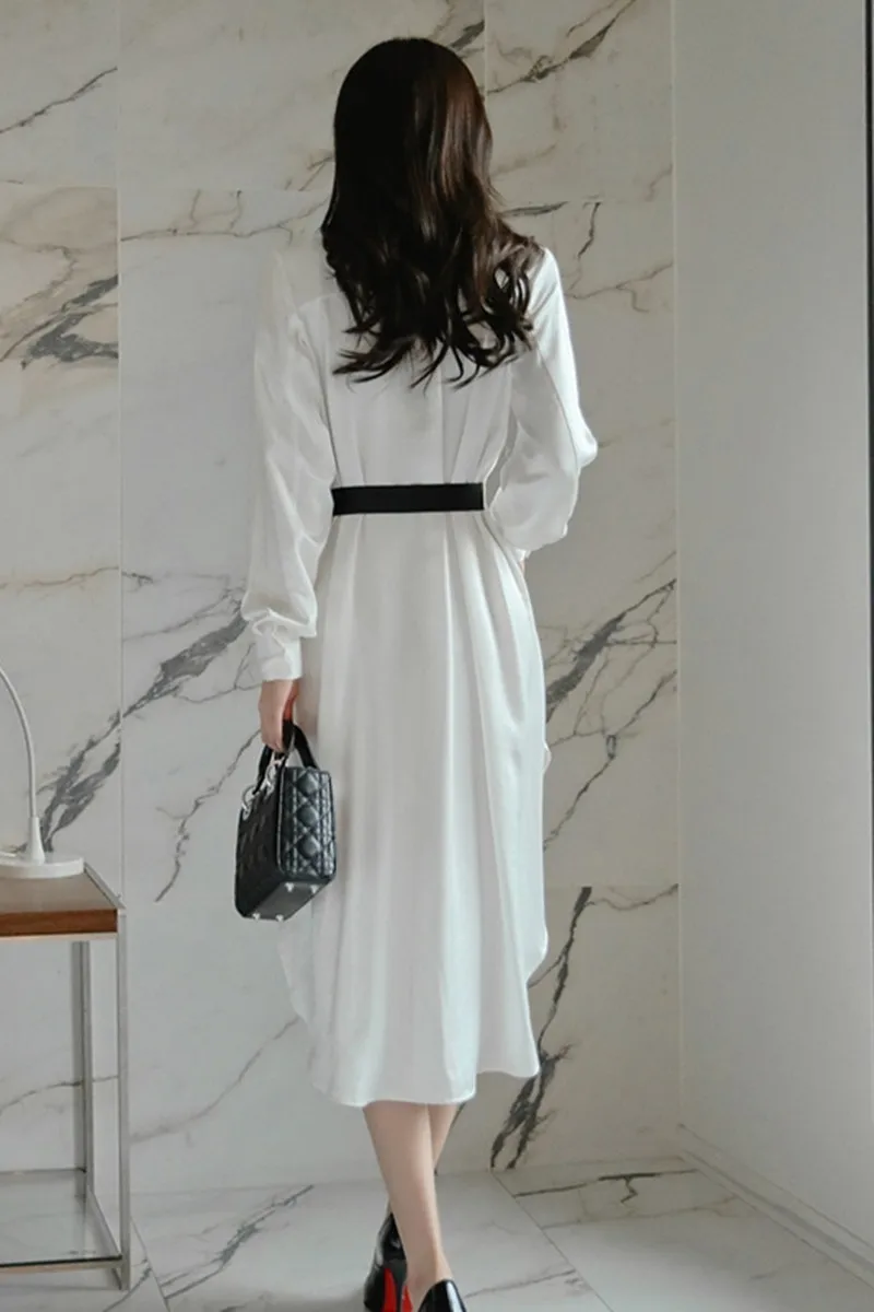 

BLLOCUE Runway New White Shirt Dress 2020 Spring Women Korean Fashion Double Pocket Lace-Up Single-Breasted Irregular Dress