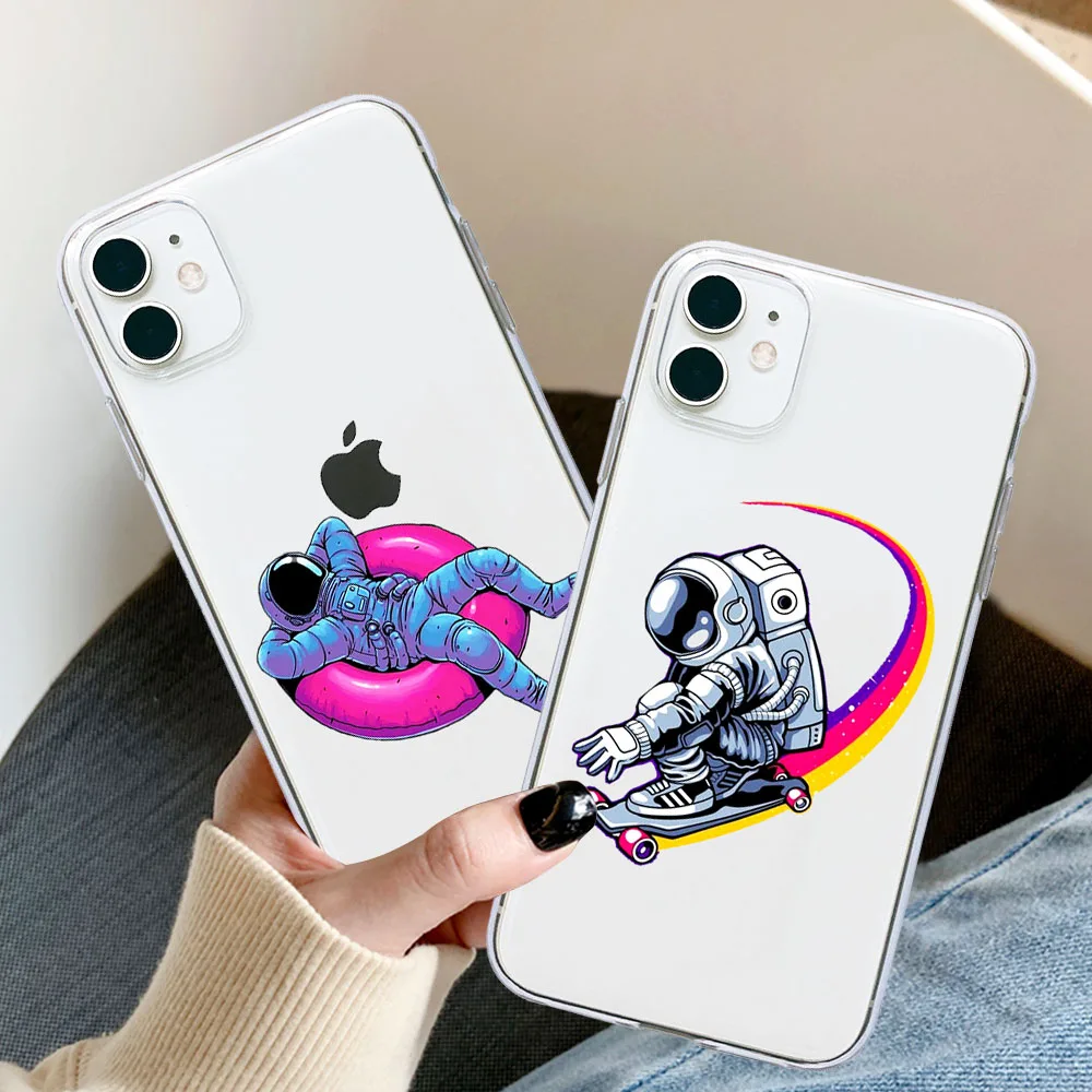 

Cute Space Phone Case For iPhone 12 11 Pro Max 8 7 6 6S Plus SE2020 XR X XS Max Clear Soft Cover Coque Cartoon Astronaut Star