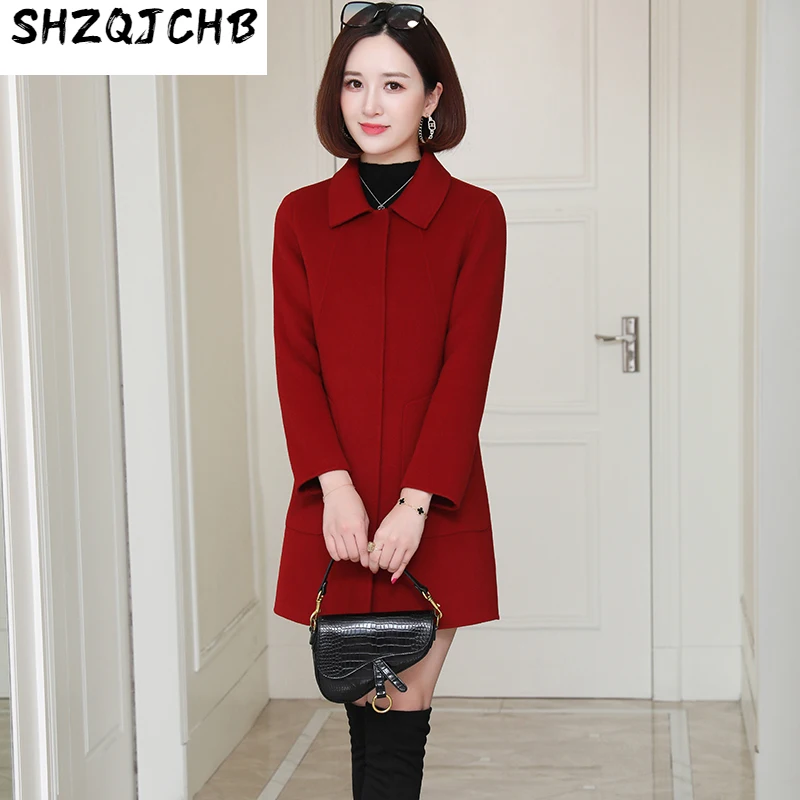 

SHZQ Новинка высококачественное двустороннее кашемировое пальто женское среднее и длинное осенне-Зимнее Шерстяное приталенное пальто