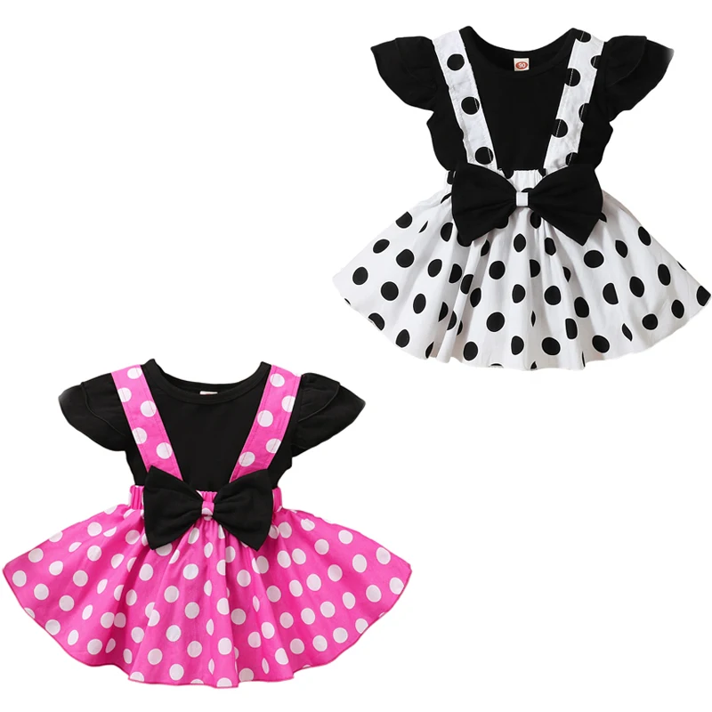 

Pudcoco 1-5Y 2Pcs Summer Lovely Baby Girls Clothes Sets Ruffles Sleeve Solid T-Shirts Polka Dot Overalls Dress