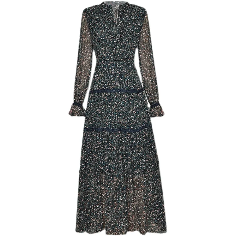 

Women floral print chiffon boehmian dress spring summer 2021 fashion ruffles flare sleeve elegant plus size long dresses black