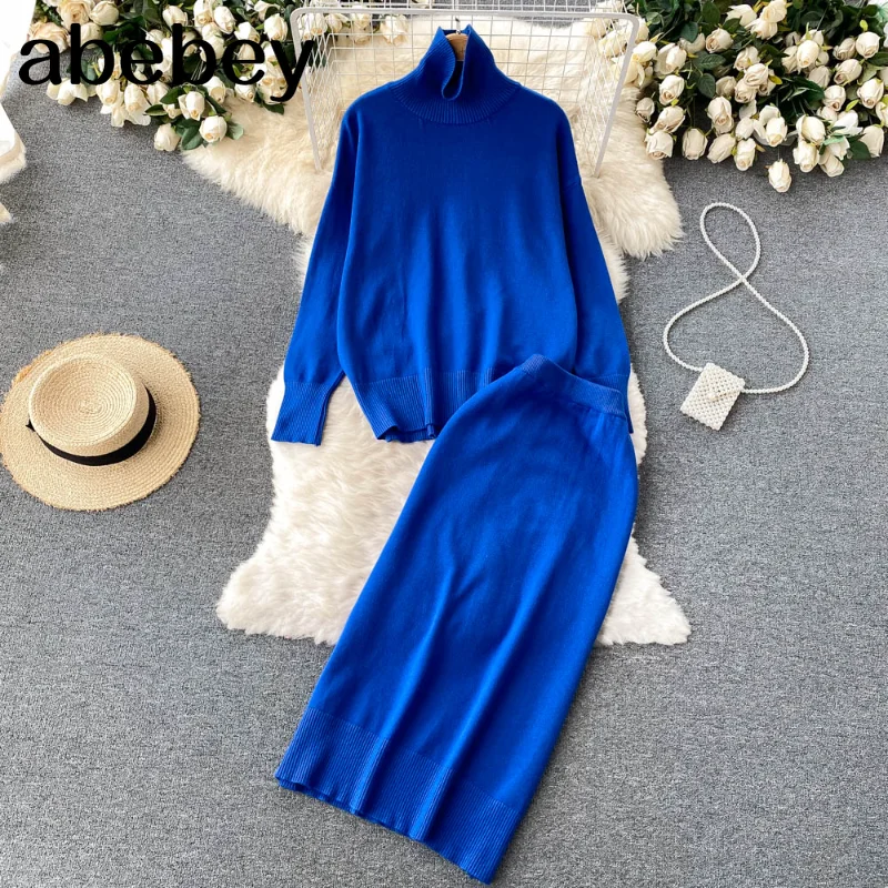 

Осенне-зимний плотный теплый вязаный комплект, Женский Повседневный свободный свитер с высоким воротом и облегающая юбка-свитер с высокой ...