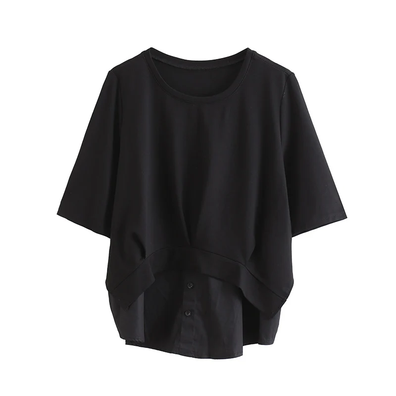 

Women Black Fake Two Piece T-Shirt New Patchwork Round Neck Short Sleeve Loose Casual Fashion Tee Shirt Tops Clothes Summer 2021