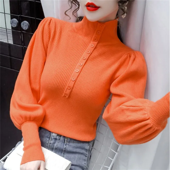 

Korean high neck Knitted Top with autumn winter 2020 new versatile foreign style bubble sleeve solid color bottomed sweater