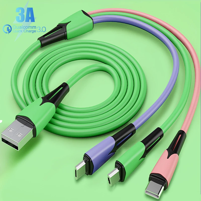

3A Liquid Silicone Micro USB Type C Charge Cable 3 in 1 Fast Charging Data Cord For iPhone 12 Por Max Xiaomi 11 Huawei Samsung