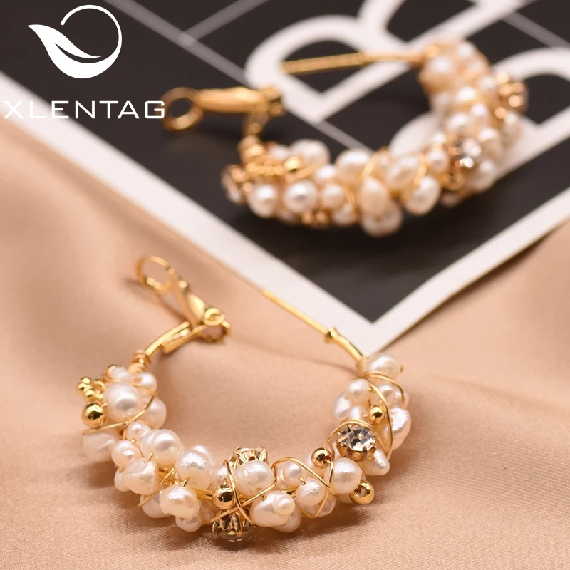 Женские серьги-кольца XlentAg ручной работы с натуральным жемчугом и цирконием для