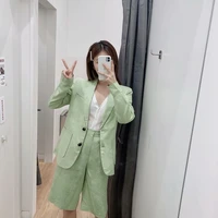 2021 women sweet fashion single breasted casual office blazer high waist middle pants suits summer two piece set linen blazer