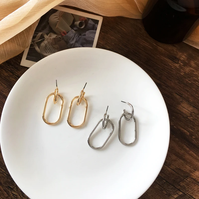 

Simply Jewelry Oval Drop Earrings Popular Design Metal Alloy Golden Silvery Plating Color Metallic Dangle Earrings For Women