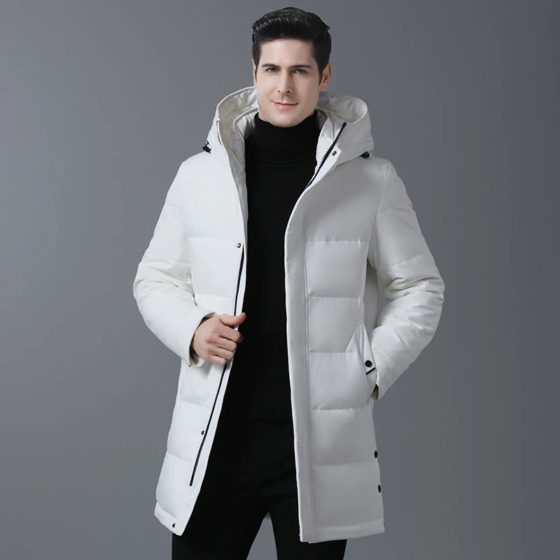 Мужской русский зимний утепленный длинный пуховик с капюшоном