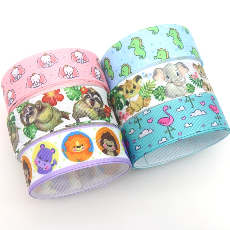 

DUWES 50yards Animal Elephant Sloth Sea Horse Flamingo Printed Grosgrain Ribbon Accessory Hairbow Headwear Decoration DIY D1667