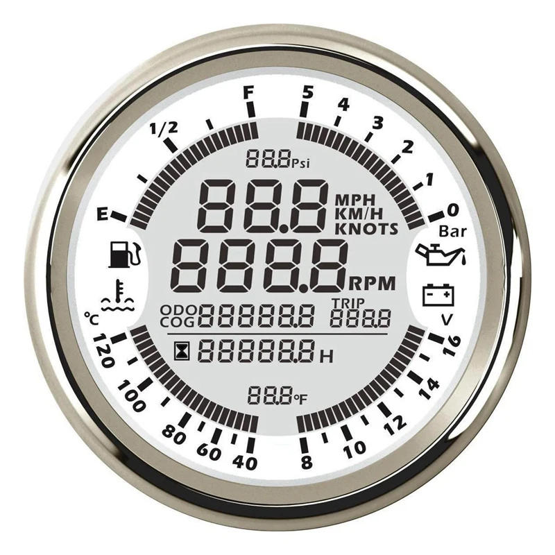 

85 мм, 6 в 1, многофункциональное устройство, GPS Спидометр, тахометр, уровень топлива, воды, вольтметр, температура, давление масла 5 бар