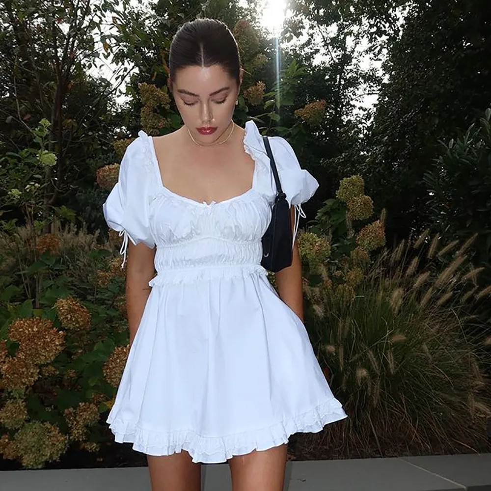 

Women Kawaii White Princess Dress Cute Square Neck High Waist Ruffled Bust Puff Sleeve Fairy Party Mini Vestidos OOTD