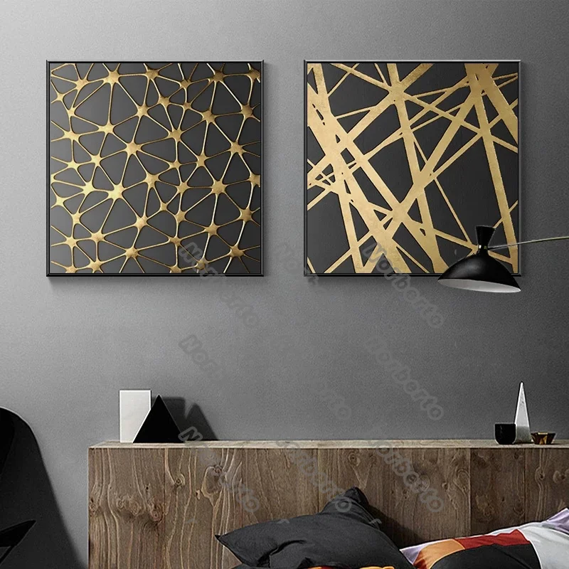 

European Style Canvas Painting Poster Black Background Abstract Art Golden Pictures and Patterns for Home Rooms Wall Decoration