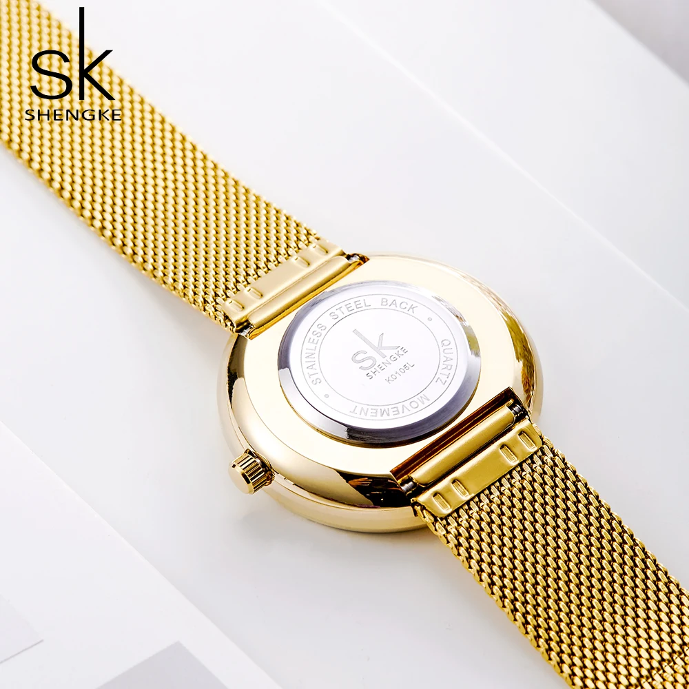 

Shengke Luxury Women's Watch Fashion Personality Dial Gold Casual Mesh Steel Ladies Watches Female Clock Reloj Mujer