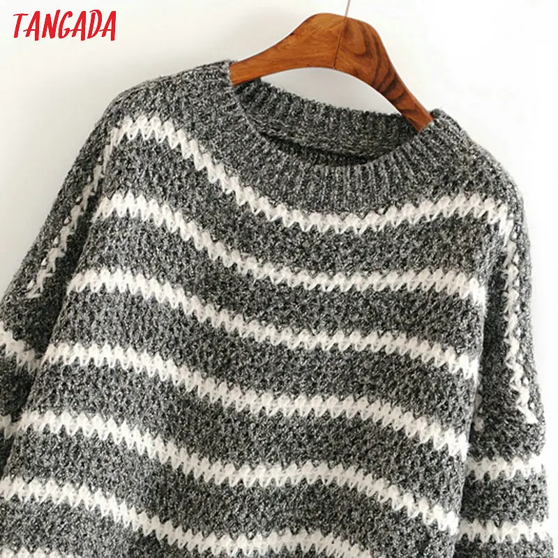 Tangada осенне-зимний модный женский полосатый свитер с круглым вырезом, тянущийся длинный рукав, свободный черный розовый мягкий свитер для девушек AH66