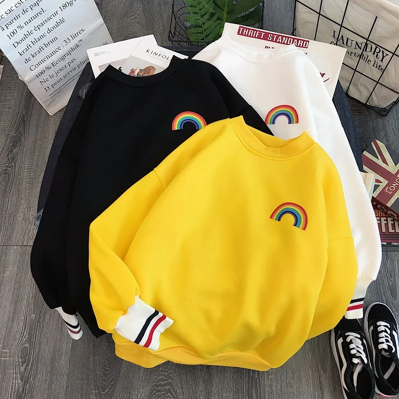Harajuku Радуга вышивка флисовые толстовки для женщин Корейский Kawaii кофты Усаги 90s Эстетическая негабаритных толстовка для девочек уличная одежда