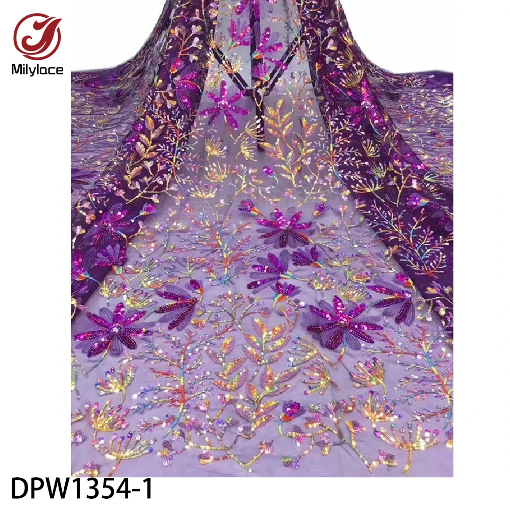 

High Grade African French Lace Fabric 5 Yards Pretty Floral Embroidery Tulle Lace Fabric with Sequins for Wedding DPW1354