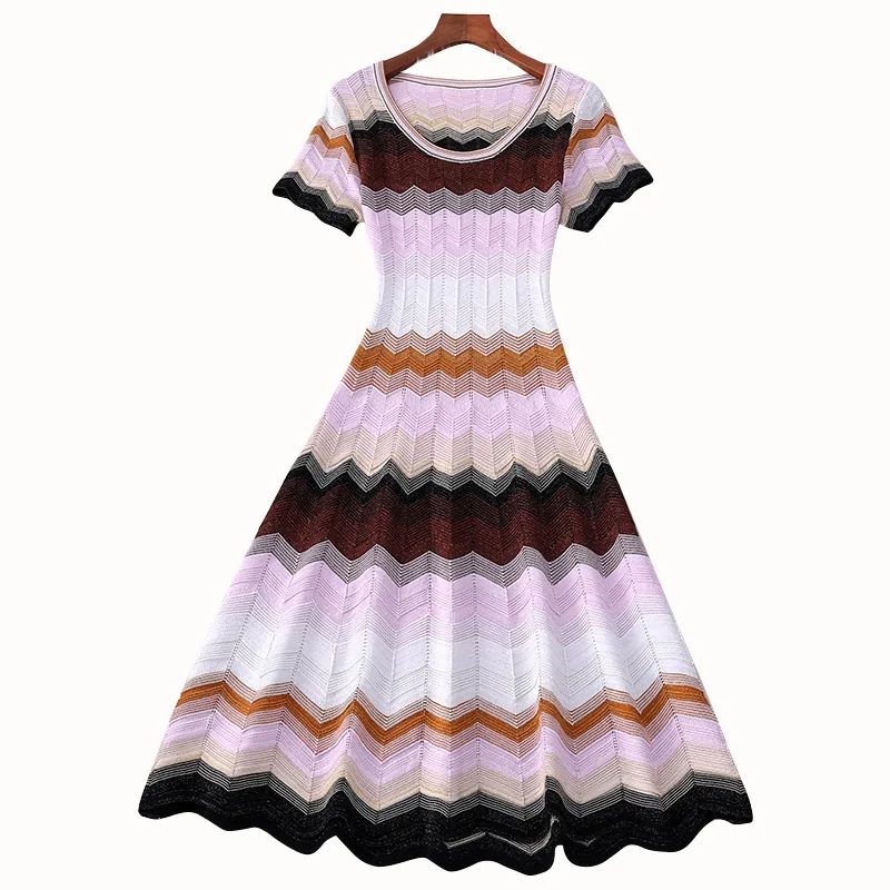 

VERDEJULIAY Runway Knitted Dress Women 2020 Autumn Summer Fashion Luxury Rainbow Coloful Strip Knee-Length Print Dress