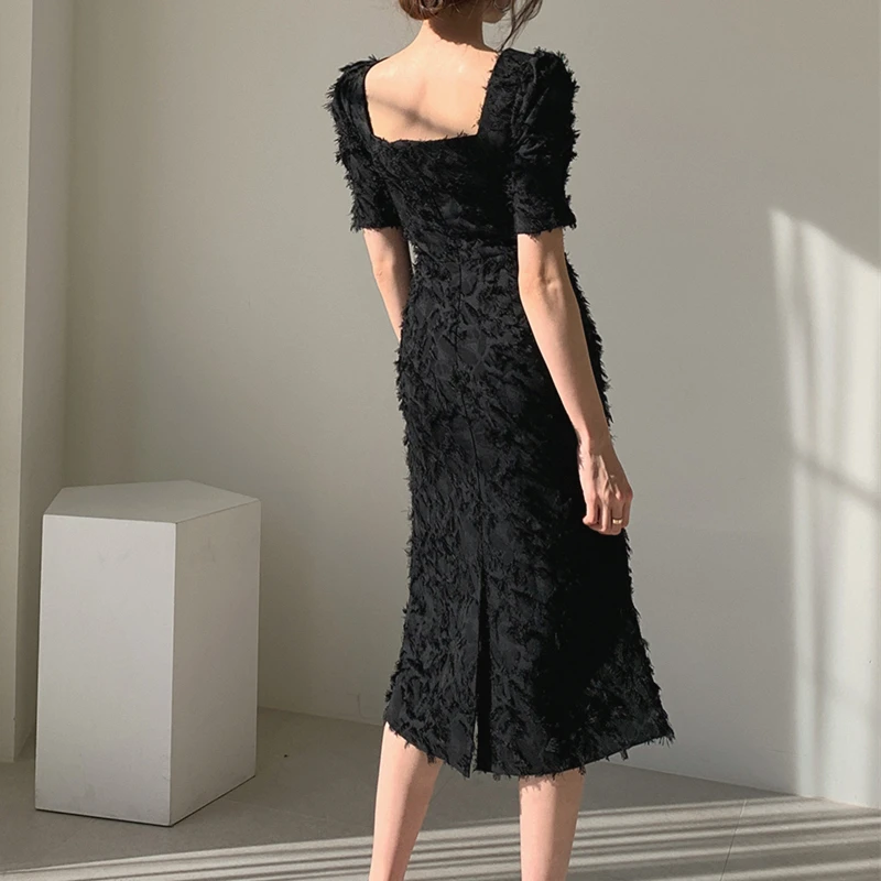 

2020 New Vintage Square Collar Tassel Women Summer Dress Elegant Short Sleeve Backless Solid Mermaid Dress Female Party Vestidos