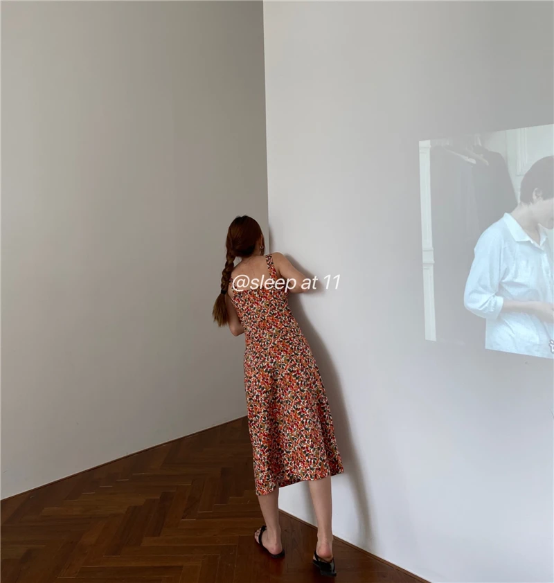 

Женское платье на бретелях Sleep at, Элегантное Длинное платье во французском ретро-стиле с узкой талией и цветочным рисунком, Новинка лета 11