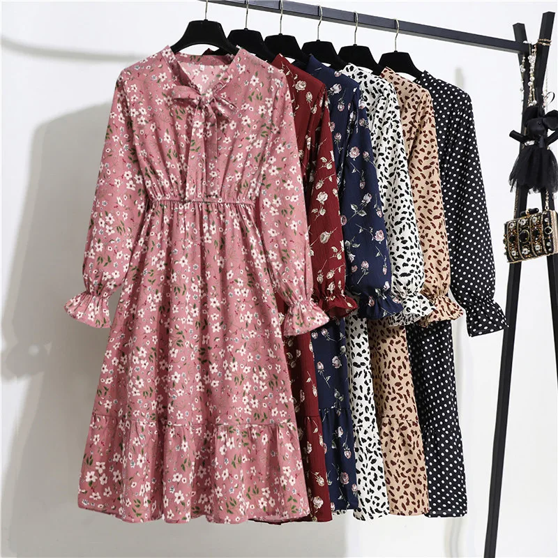 

European and American Spring and Autumn Women Fashion Elegant Polka Dot Bowknot Vestidos Print Long Sleeve Chiffon Party Dresses