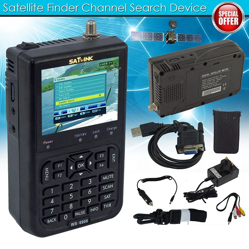 Digital Satellite Meter Signal Finder SATlink WS-6906 DVB-S FTA Data Satellite Signal Meter Finder 3.5" LCD US UK EU AU Plug