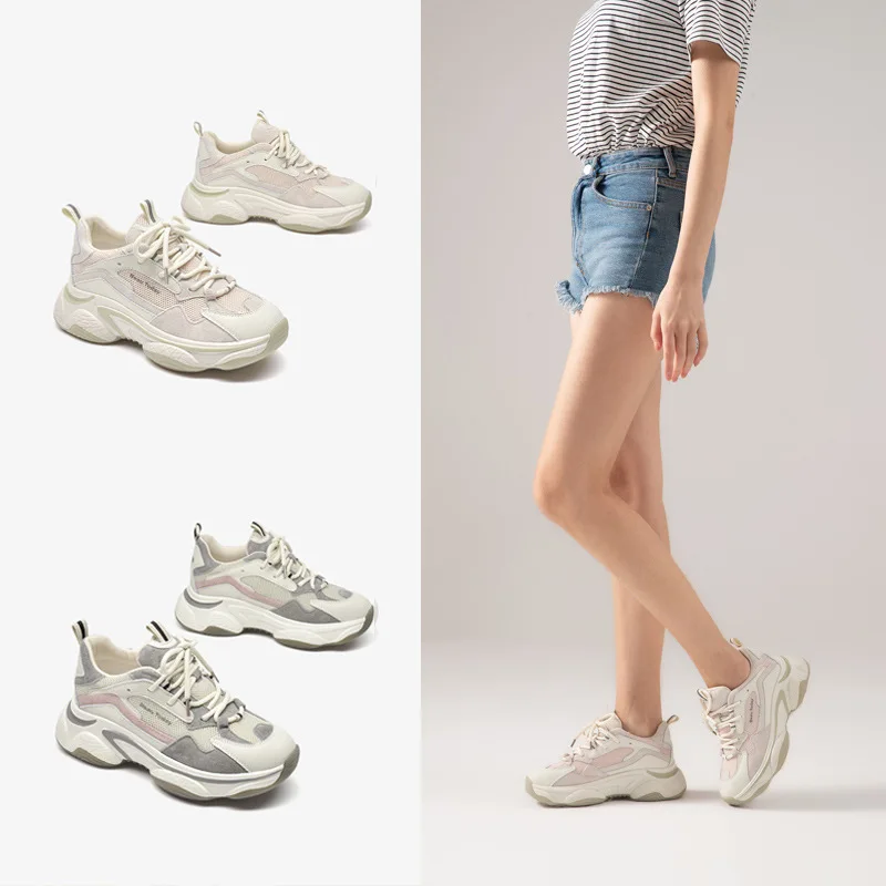 Женские кроссовки на толстой подошве Fujin модные из натуральной кожи платформе