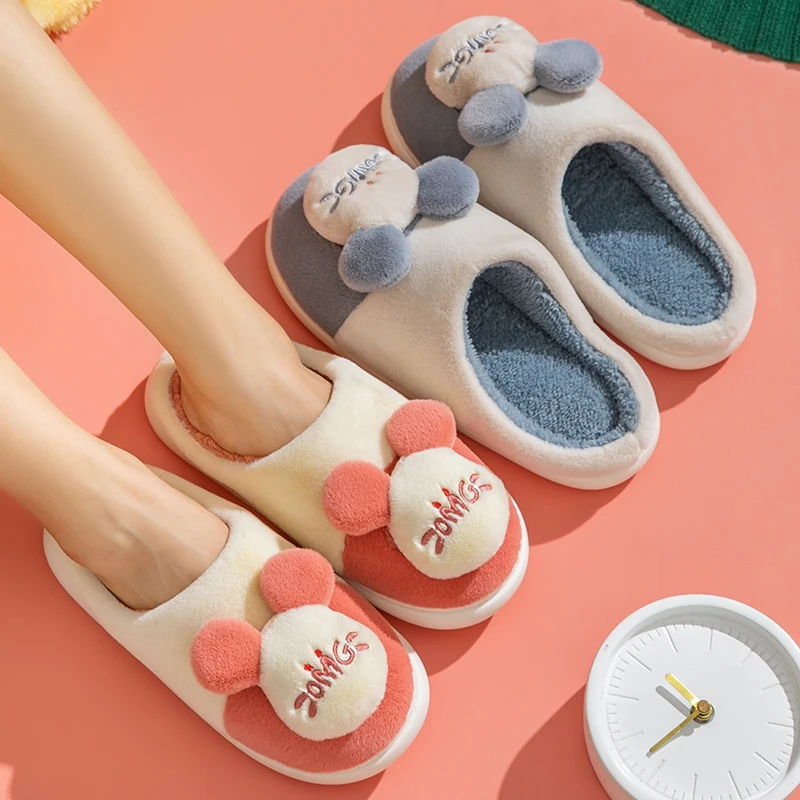 

Зимние женские хлопковые тапочки, домашние тапочки унисекс с мультяшным рисунком головы мыши, теплые меховые флисовые Супер Симпатичные ту...