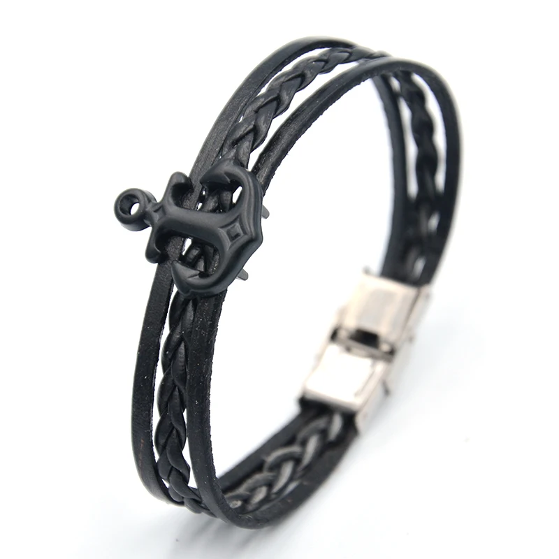 JUNWEI Мужские Кожаные плетеные браслеты черная якорная цепочка из нержавеющей стали ювелирные изделия подарки для мужчин
