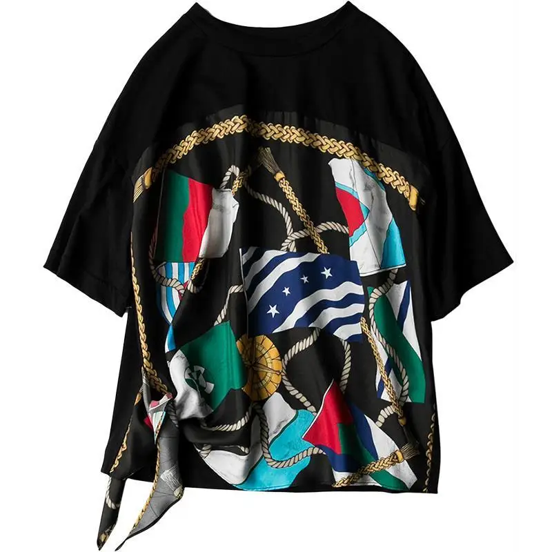 

Chic styling casual loose thin bandage printing silk twill silk splicing cotton summer T-shirt