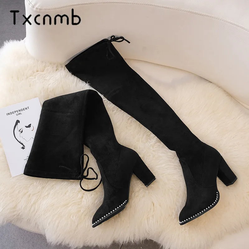 TXCNMB Women Over The Knee Boots Casual Round Toe Lace Up Ladies High Heel Suede Leather New Autumn Winter Shoes | Обувь