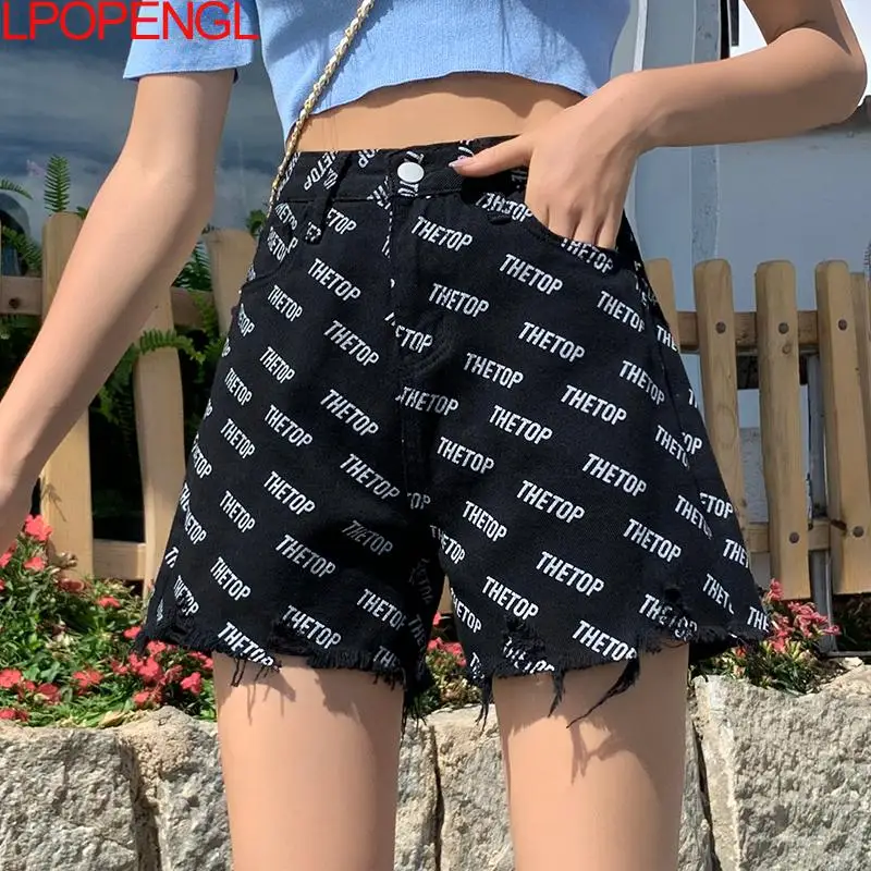 

Summer Women's High-waist Shorts 2021 New Casual Fashion Loose Harajuku Wide-leg Shorts Letter Printing Korean Style