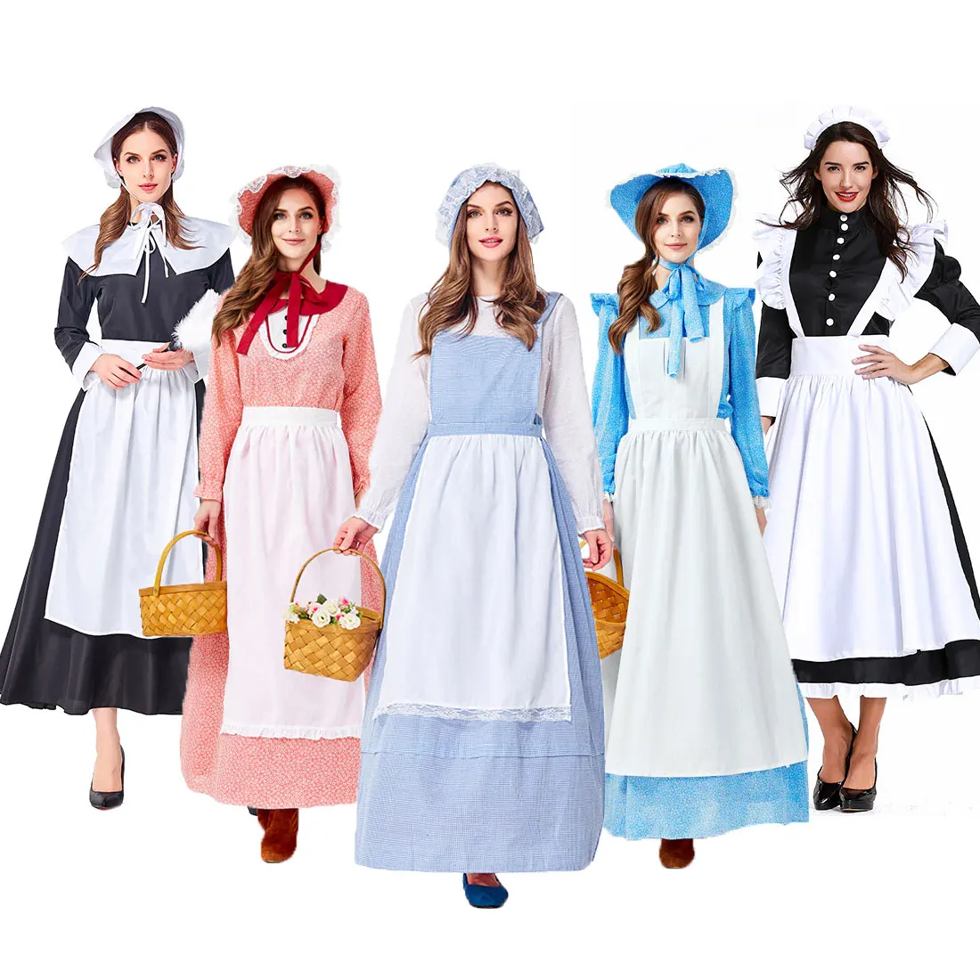 

2020 Adult Colonial Pioneer Girl Costume Women Village Farm Prairie Maiden Maid Costumes Halloween Party Fancy Dress