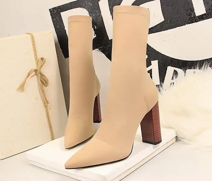 Европейские и американские модные простые ботинки на толстом высоком каблуке из