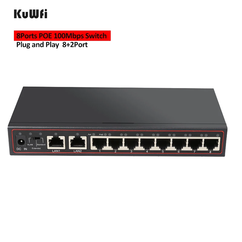 KuWFi 8 портов POE сетевой коммутатор 100 Мбит/с Ethernet RJ45 LAN быстрый настольный