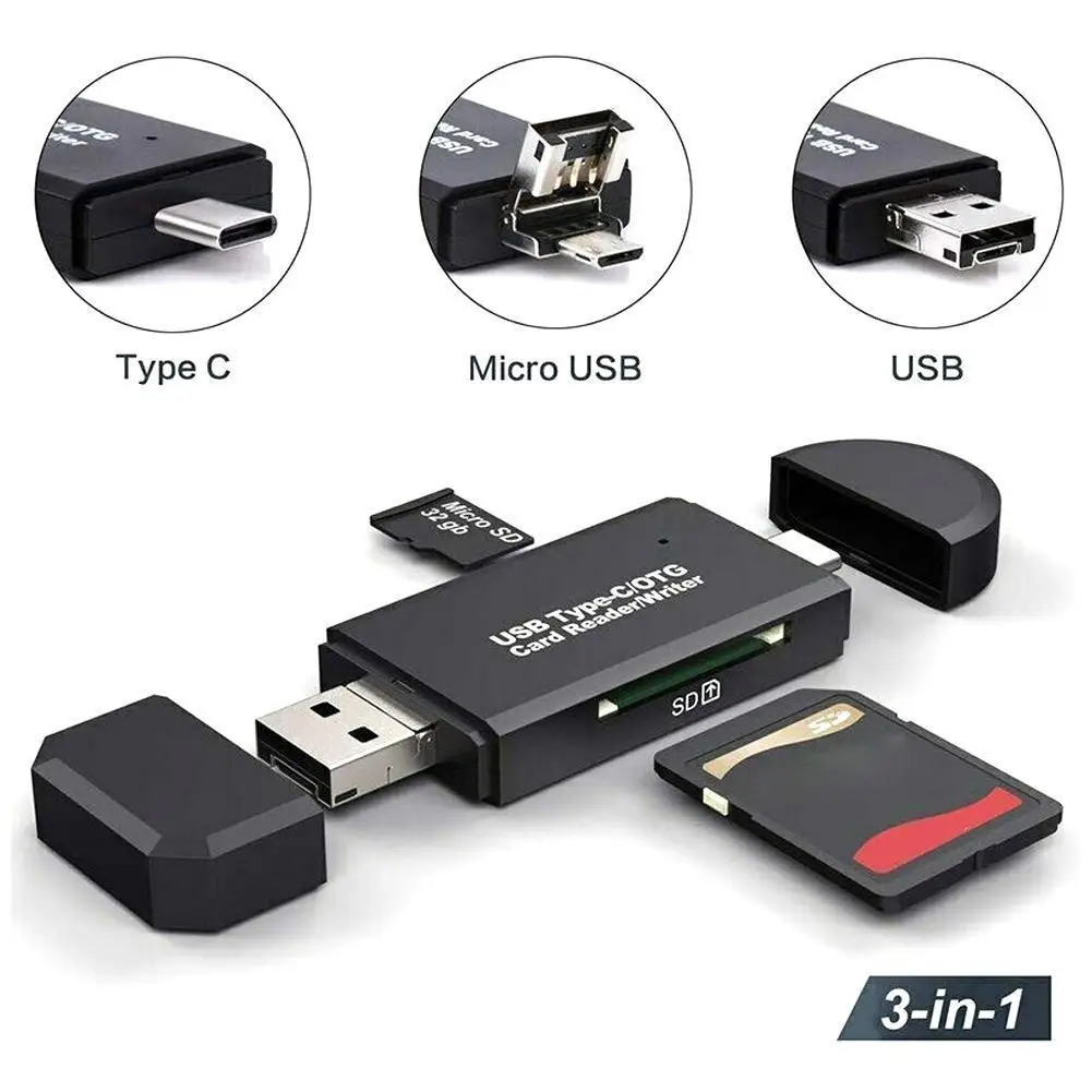 

Universal USB 2.0 3 In 1 Type-C Card Reader SD Card TF Card OTG Card Reader Adapter Black High-speed TF/SD Card For Phone Laptop