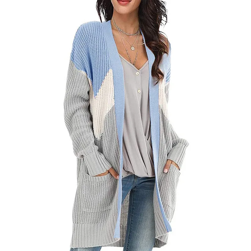 

Women's Knitted Sweater 2020 Fall/Winter Women's Knitted Cardigan V-shaped Geometric Color Block Sweater Cardigan