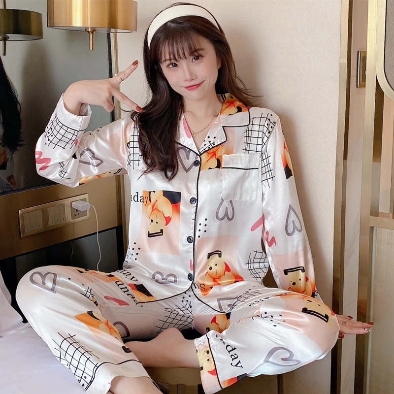 Ladies Silk Pajamas Ice Silk Pajamas Autumn Thin Long-sleeved Cardigan Sexy Home Wear Long-sleeved Trousers Two-piece Suit