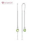 Серьги протяжки (продевки) из родированного серебра c хризолитами и кристаллами АЛЬКОР.