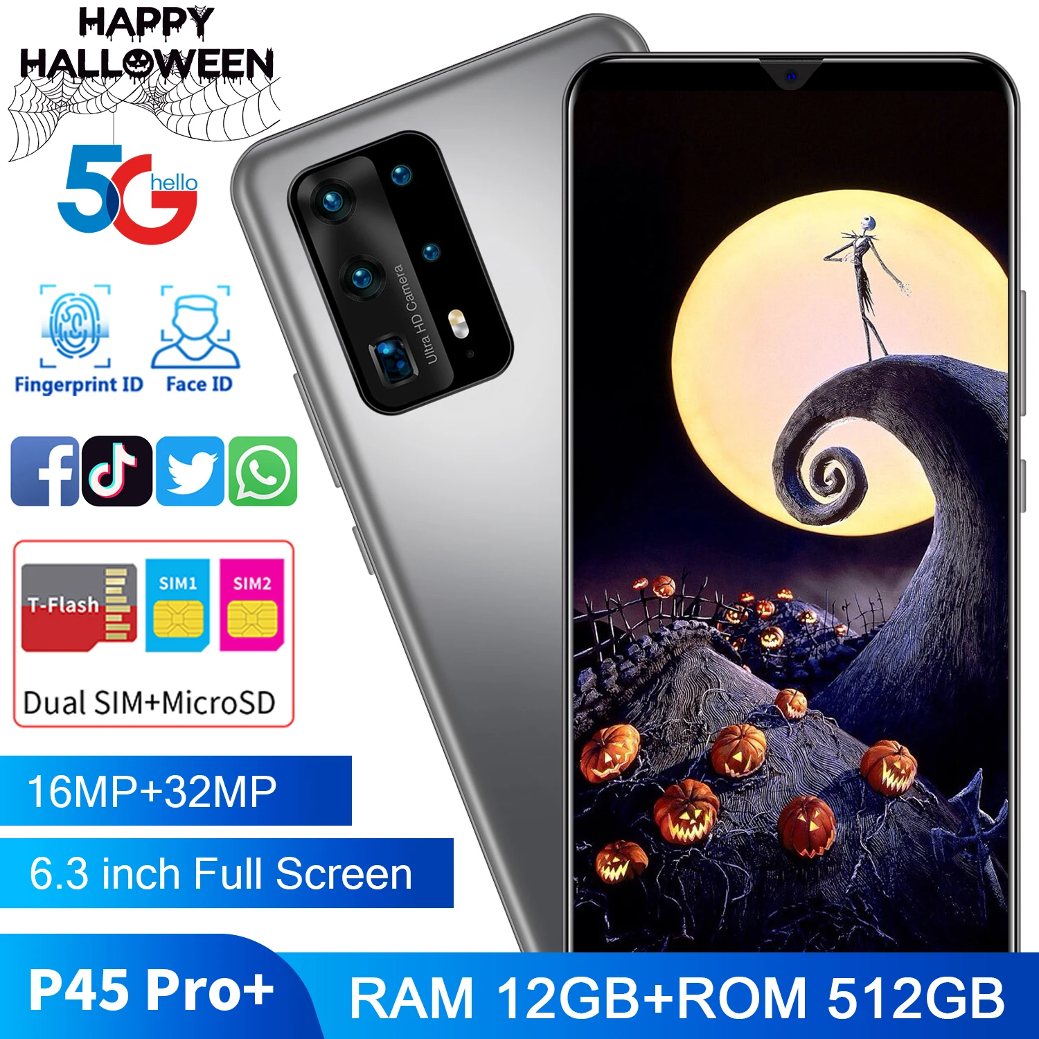 

6.3 Inch Smartphone P45 Pro+ 12GB 512GB 16MP+32MP Android 10 4800mAh Ten Core Really MTK6875 4G 5G Dual SIM Global Version