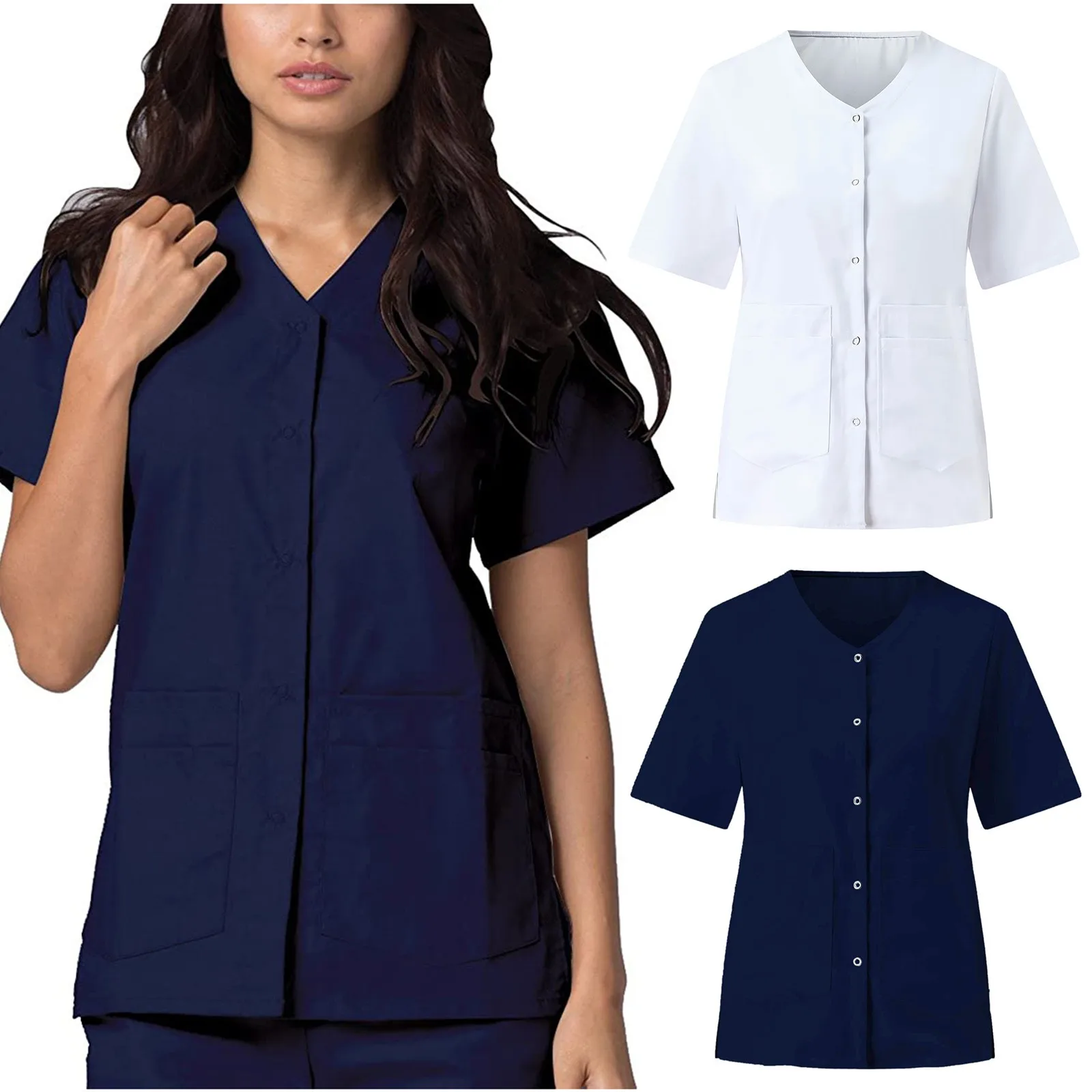 

Женская рабочая форма на пуговицах с коротким рукавом и V-образным вырезом