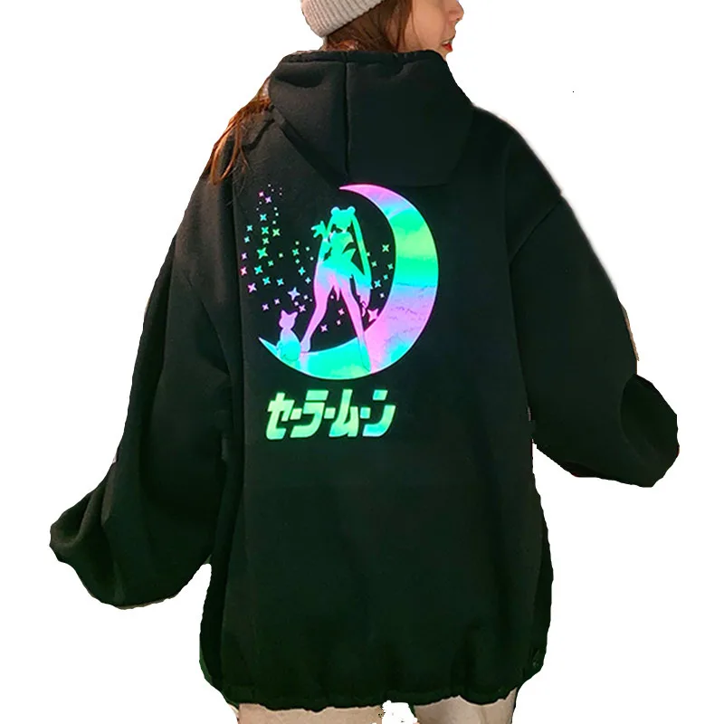 

Winter Women's Reflective Oversized Casual Hoodie Anime Girls Moon Illuminate Drop Shoulder Sweatshirt Plus Pocket Fleece Tops
