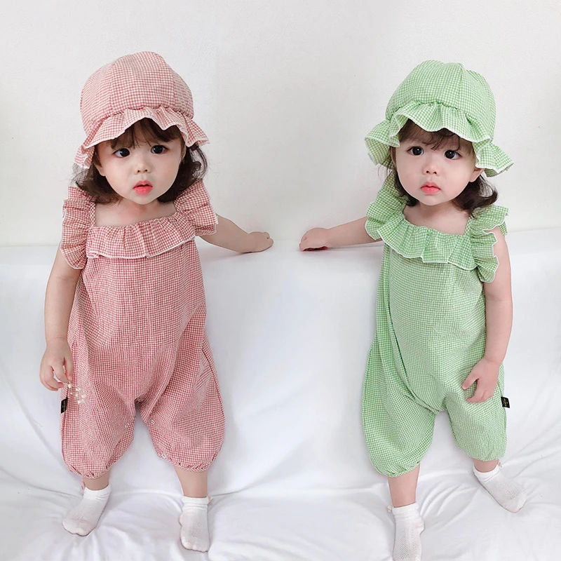 

Комбинезон для маленьких девочек, комплект шапки, весна-лето, Длинные Комбинезоны в клетку с оборками, милая Одежда для новорожденных, детск...