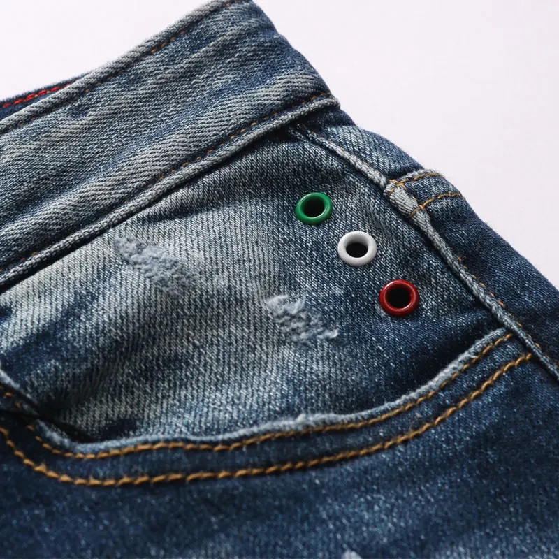 

European American Street Fashion Men Jeans Retro Blue Elastic Slim Ripped Jeans Men Embroidery Designer Hip Hop Denim Punk Pants