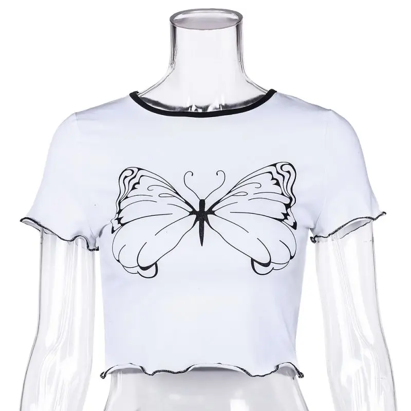 

DUAYR 2021 Summer Butterfly Top Baby Tee Milk Silk Y2k Funny O-Neck Short Crop Casual Cute White T-shirt For Women Crop Top