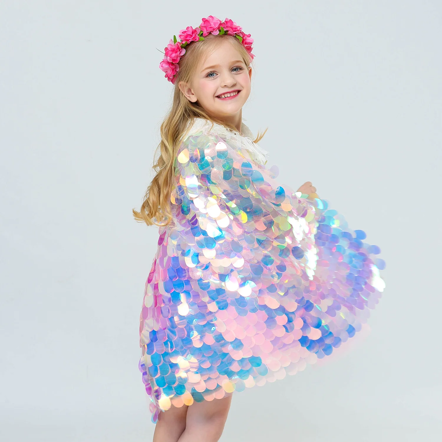 Sequins Princess Girls Cape Cloak for Beach Party Costume Children Rainbow Shawl Cosplay Christmas Kids Girl Wrap | Детская одежда и