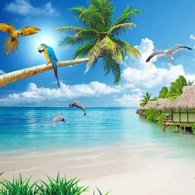 Пользовательские 3D фотообои голубое небо белые облака песчаный пляж морской
