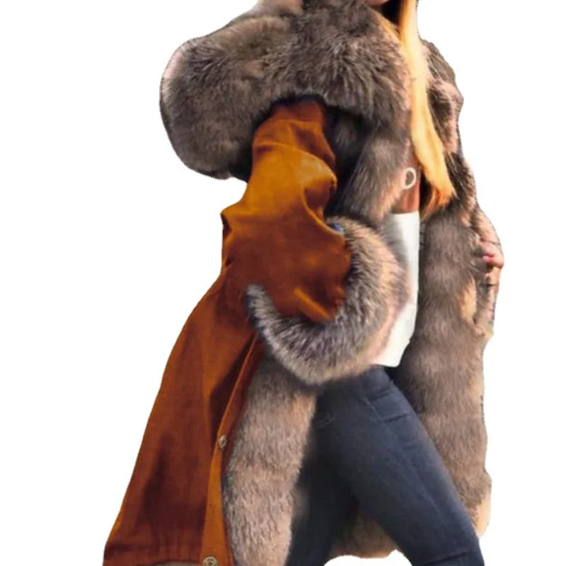 2021 X-long Waterproof Winter Women Faux Fox Fur Coat Fox Fur Collar Hood Big Fur Outerwear Detachable Faux Fur Hoodie Jacket