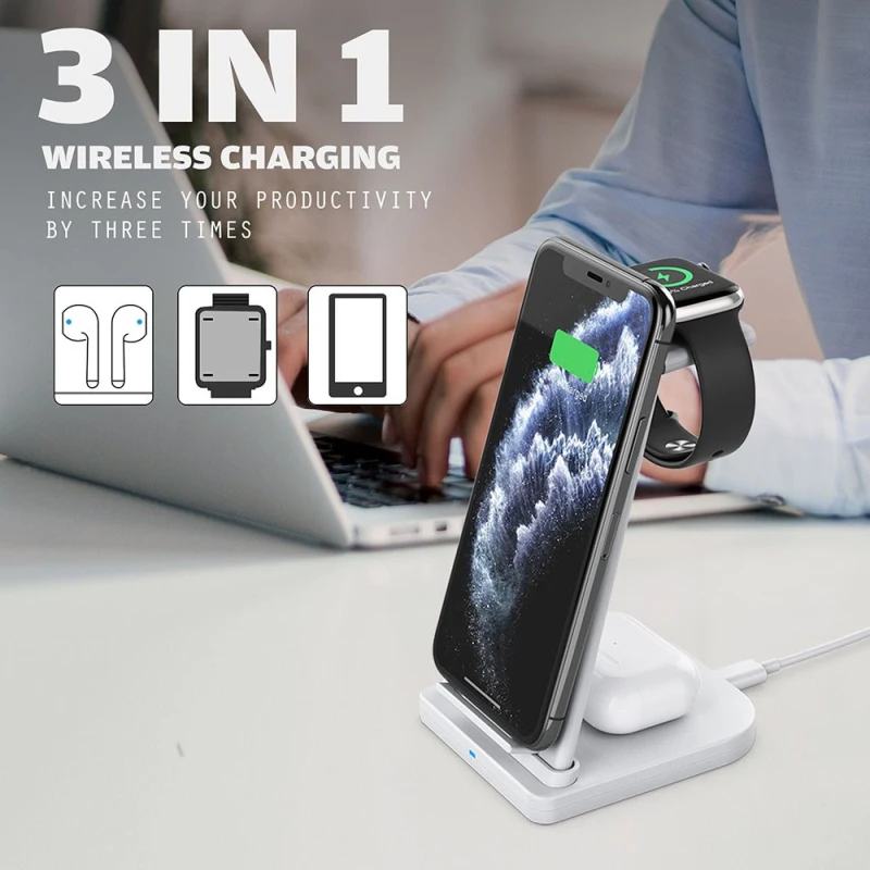 

3-IN-1 Foldable Charging Dock Station For Airpods Pro IWatch 10W Fast Qi Wireless Charger Stand For IPhone 11 XR X 8 Apple Watch